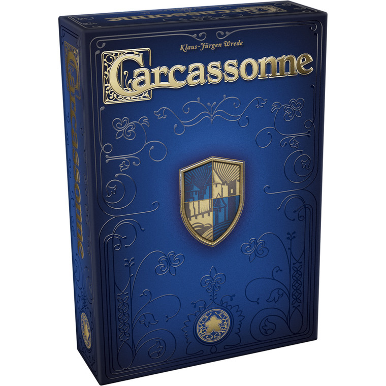 Board game box featuring game title and a decorative dark blue background with a crest in the center.