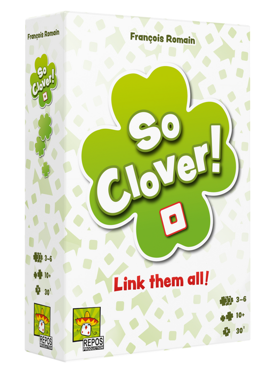 Board game box featuring game title and four leaved clover.
