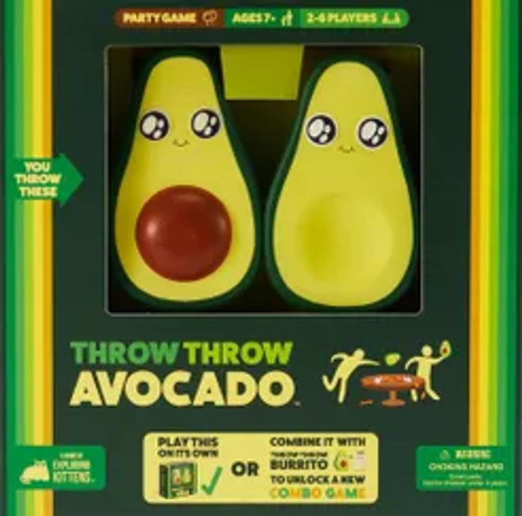 Board game box featuring the title "Throw Throw Avocado", green stripe borders with a dark center, a simplified drawing of two people at a table throwing avocadoes at each other, and a clear window to see said two bright eyed, smiling avocadoes.