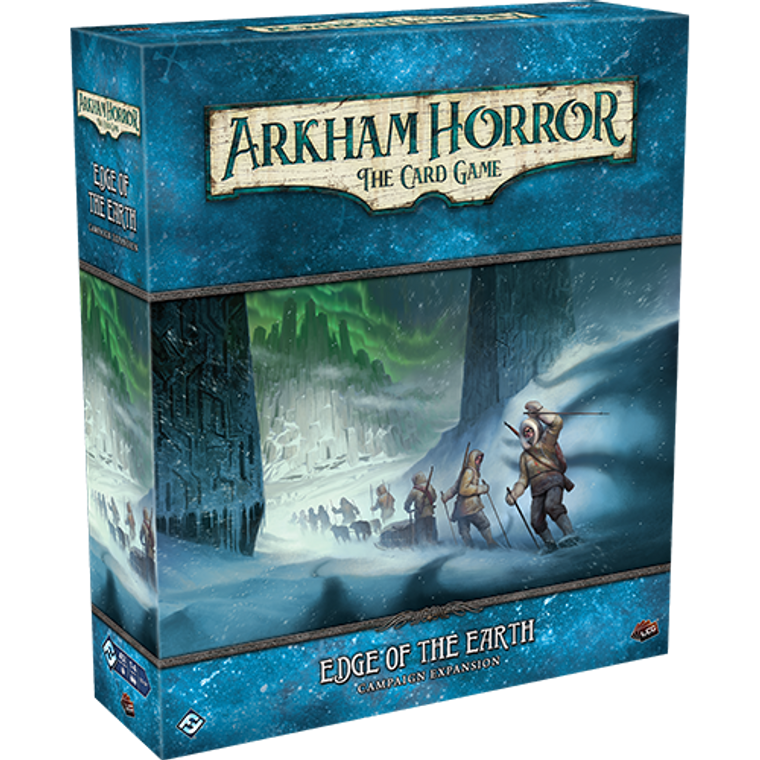 Board game box featuring game title and illustration of investigators on an arctic expedition.