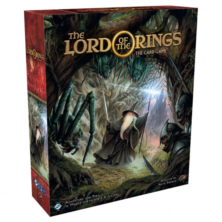 Board game box featuring game title and illustration of gandalf fighting dark monsters.
