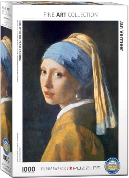 A Eurographics puzzle of the painting "Girl with the Pearl Earring" by Jan Vermeer.  The painting's subject is a girl with, you guessed it, a pearl earring.  Her skin is fair, eyes dark, and head is wrapped in a blue and beige scarf.  She wears a high-collared, golden garment with a white undergarment.  Her lips are posed slightly parted as she looks at the audience over her shoulder.  The background is a simple, dark contrast that makes her visage the sole focus.