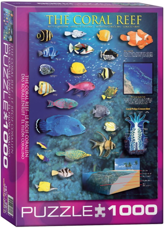 A Eurographics puzzle titled "Coral Reef."  The art is a diagram of several different common species of fish found in the warm waters of coral reefs, all in a profile view atop a reef and blue water background.  To the right side are a diagram of the anatomy of a coral polyp, how the oceanic shelf is layered, and a coastline.