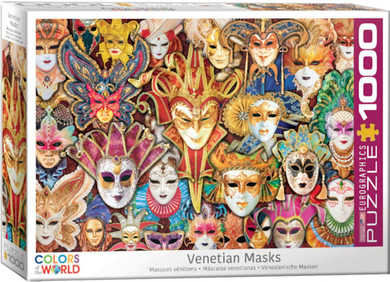 A Eurographics Puzzle titled "Venetian Masks" that depicts a wall of elaborate, colorful masks.  Some smile, others sport more neutral expressions, and all have some form of headpiece built around the white faces.  Many have masks painted around the eyes of the characters, and some merely details that resemble filigree, makeup, or otherwise exaggerated features.  The headpieces are most commonly curled triangles that stand around the face like a droopy, dramatic hat.