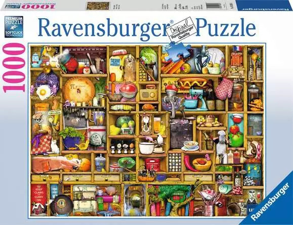 A puzzle with the company name "Ravensburger"  at the top and the number '1000' on the side.  Within a white border is an image of what the completed puzzle looks like.  It depicts a cluttered and maximalist scene featuring a fantastical kitchen cupboard with everything from food items, to mixers, to old cookbooks and more.  The shelves are as eclectically constructed as their contents.