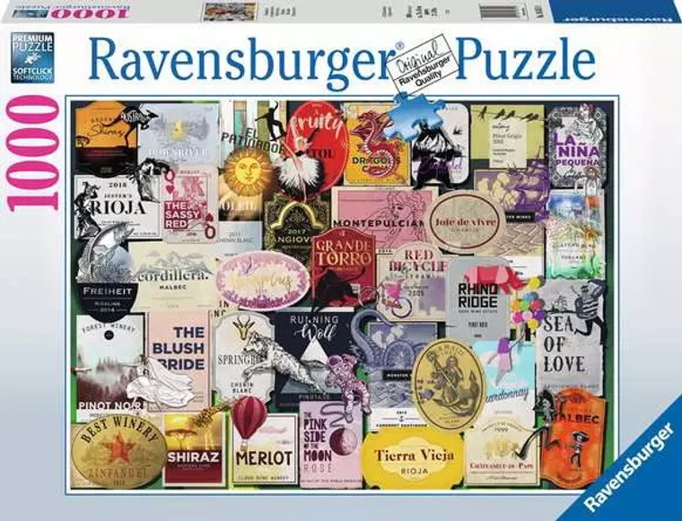 A puzzle with the words "Ravensburger Puzzle" and the number '1000' at the top of the white bordered cover.  Below is an image of what the finished puzzle looks like: a collage of wine labels from across the world, many overlapping, but still recognizable.