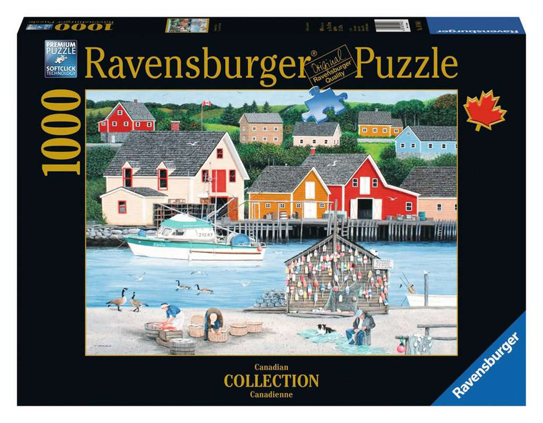 Puzzle box featuring a folk-realism depiction of a small fishing town with various fishermen going about their day to day duties and houses on hills.