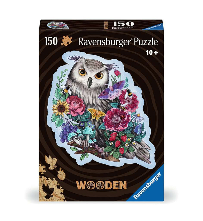 Puzzle box featuring a white owl surrounded by colorful flowers, mushrooms,