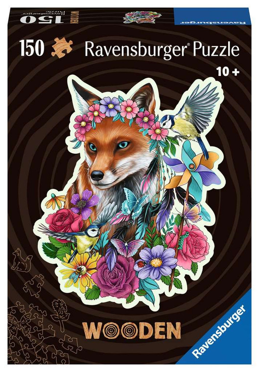 Puzzle box featuring a red fox being adorned with colorful flowers by two birds.