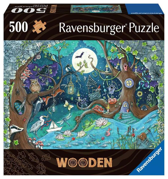 Puzzle box featuring a depiction of a magical cartoon forest at night with a full moon. Various animals and magic related items are strewn about.