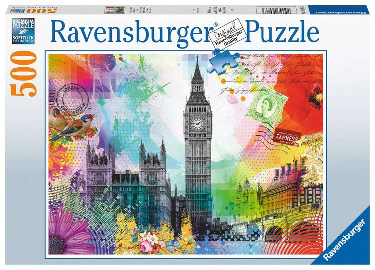 Puzzle box featuring the House of Parliament, Elizabeth Tower, and Wesminster Bridge with various vibrant colors and stamps.