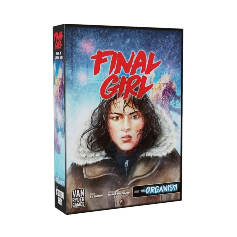 A board game titled "Final Girl: Panic at Station 2891" in bold red slasher font.  Below it is a portrait of a woman with pale skin, chin-length dark hair, and an alarmed expression.  Her hair whips in the icy wind of the arctic she stands in.  She wears an aviator jacket with a fur-lined hood.  Behind her looms a mutated humanoid creature, its head blooming in boils and its limbs and face twisted in alien tentacles and toothy orifices.