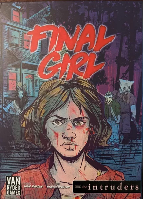A board game titled "Final Girl: A Knock at the Door" in bold red slasher font.  Below the title is a woman with a wild, light brown bob, light skin, and cuts littering her intensely focused face.  Behind her is a cottage bathed in boonlight and three masked killers brandishing rusty weapons.