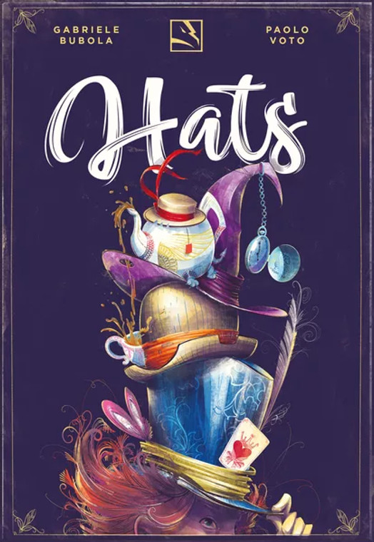 A card game titled "Hats" in swirling white font styled to look like harried brush strokes.  The background of the art is a deep, royal purple and the edges are lined with a fine gilding of golden linework.    The art features a haphazardly stacked pile of hats atop the the wild, red-haired head of the  Mad Hatter, who peeks just above the edge of the bottom.  His white-gloved hand tips the hat furthest down in the stack.  Balanced atop the hat pile are a teapot poring black tea into a cup below it and a pocket watch dangling by its chain.