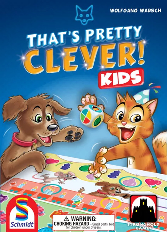 A board game titled "That's Pretty Clever! - Kids".  The art depicts two cartoon-ish depictions of animals - one a brown, floppy-eared dog, and one an orange tabby cat with a blue party hat on its head.  They both lean over a playing board, the dog moving something on it while the cat tosses a colorful die in the air.  The background is blue, the middle of the scene light and the rest a gradient out into a darker blue as it approaches the edges.