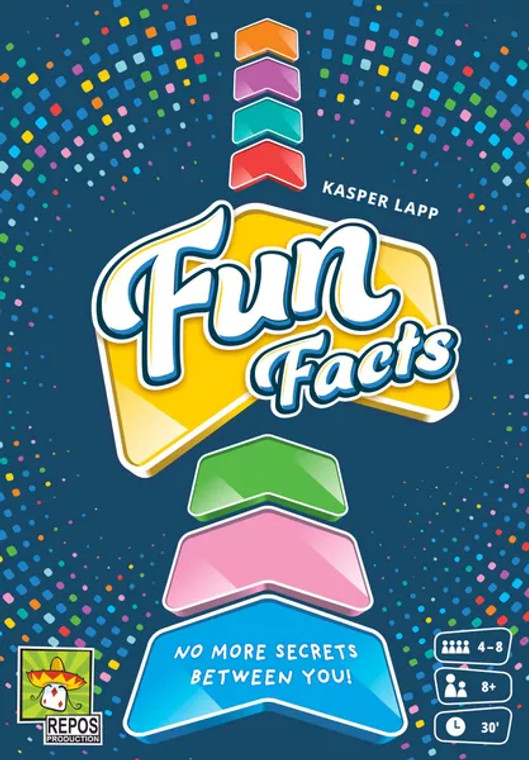 A board game titled "Fun Facts" in curly bubble font encased in a yellow arrow like the order arrows in the game.  Below and above the title are more arrows of various colors seemingly travelling further from the viewer.  The background is a dark blue speckled with a gradient of dots of the same colors as the arrows.