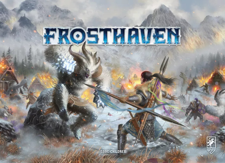 A board game titled "Frosthaven" in big, angular letters that are light blue at the bottom and grade to dark blue at the top.  Below the title is a scene set in a wintery land, the bleak grey sky lit with red flames from a burning pine forest below.  In the foreground rages a battle between a yeti-like creature with three curled horns and ice crystals armoring their raised fists and a warrior with long dark hair wearing plate armor and brandishing a spear.  Around them fight other pairs of yeti-beings and warriors.  Their mall town burns around them.