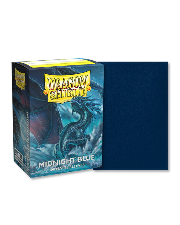 Dragon shield box with a depiction of a large blue dragon in water. To the right of the box is a sample sleeve showcasing the color.