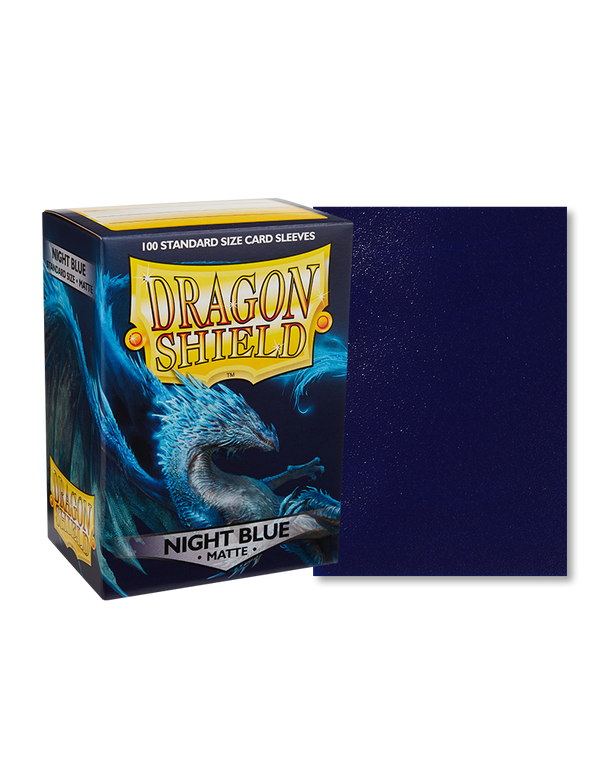 Dragon shield box featuring art of a blue dragon flying through a dark blue space. To the right of the box is a sample sleeve showcasing the dark blue sleeve color.