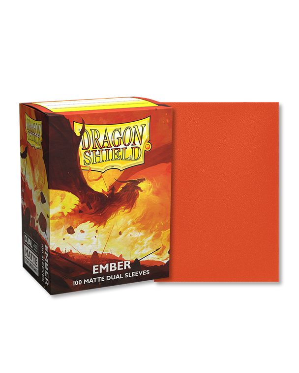 Dragon shield sleeve box featuring art of a soldier riding an orange dragon as it spews fire on a battlefield. To the right of the box is a sample sleeve showcasing the orange sleeve color.