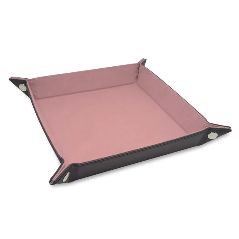 Square dice tray with an "LX" leatherette exterior and pink faux suede interior.