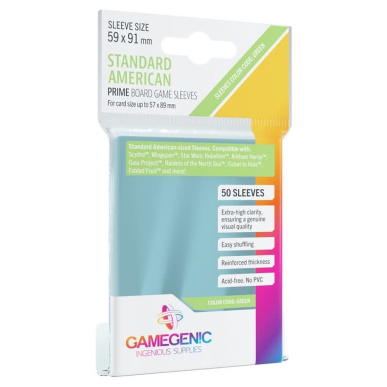 Plastic Gamegenic card sleeve packaging displaying various key features of the sleeve and games that it is compatible with. Sleeve color code is green.