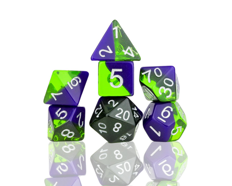 A full set of Sirius Dice with rich purple and glistening green colors.