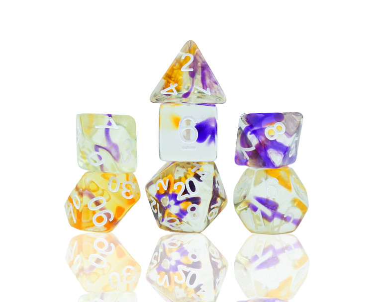 A full set of Sirius Dice with violet and orange swirls throughout the dice.
