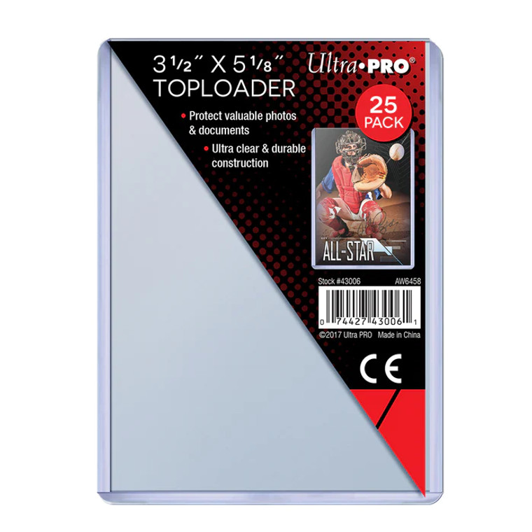 A single Ultra Pro toploader sleeve with a sign on it with the card dimensions.