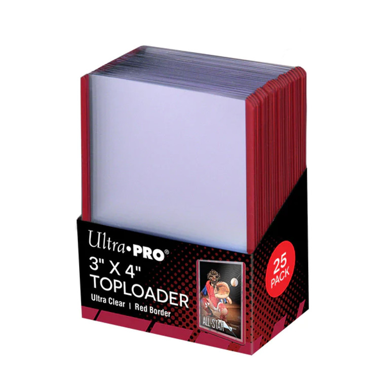 A single pack of Ultra Pro toploader sleeves with red boarders in a black cardboard box.