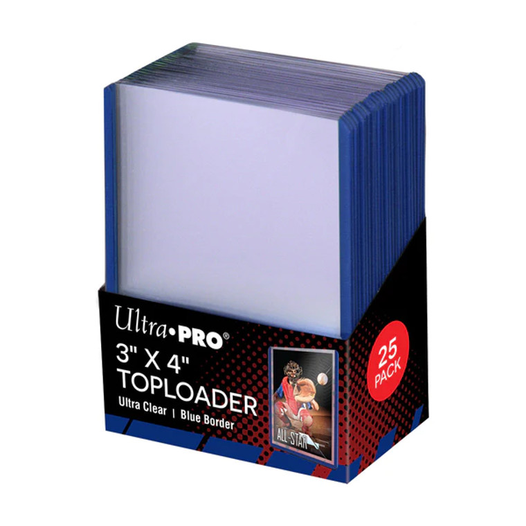 A single pack of Ultra Pro toploader sleeves with blue borders in a black cardboard box.