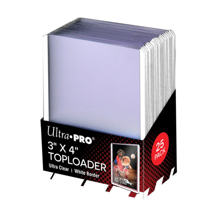 A single pack of Ultra Pro toploader sleeves with white borders in a black carboard box.