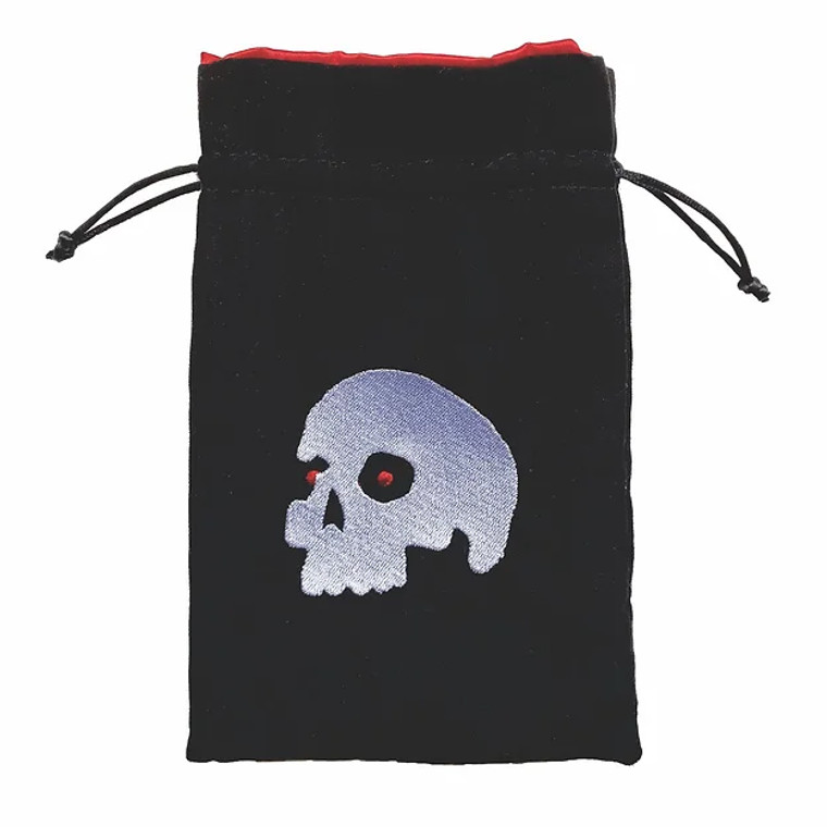 Black dice bag with an embroidered image of a skull with red eyes by Black Oak Workshop.