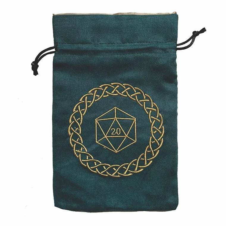 Green dice bag with an embroidered image of a D20 surrounded by a Celtic patter by Black Oak Workshop.