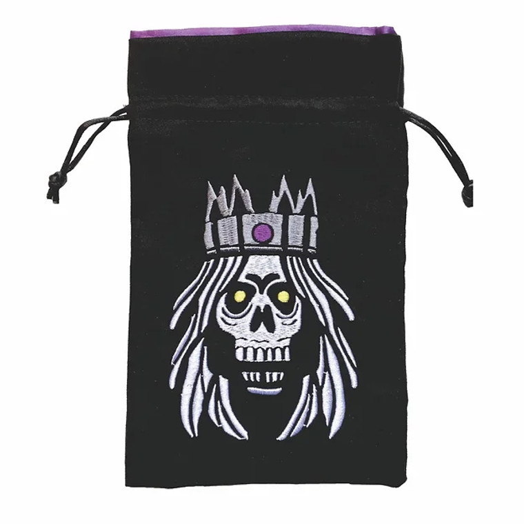 Black dice bag with an embroidered image of an undead wizard by Black Oak Workshop.