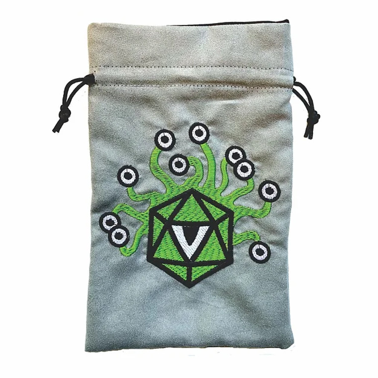 Grey dice bag with an embroidered image of a D20 shaped beholder by Black Oak Workshop.