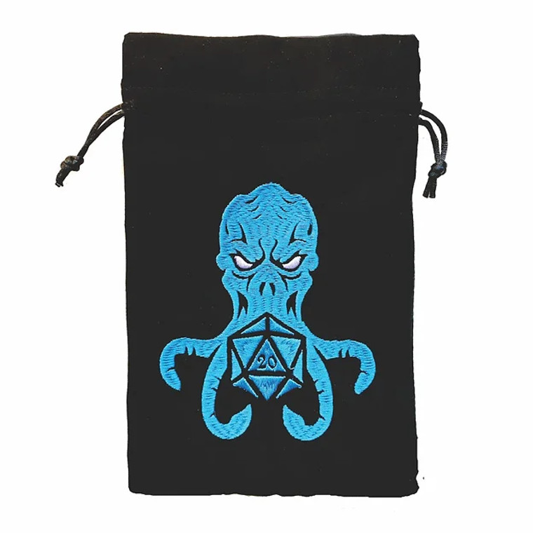 Black dice bag with an embroidered image of a Mind Flayer with a D20 die by Black Oak Workshop.
