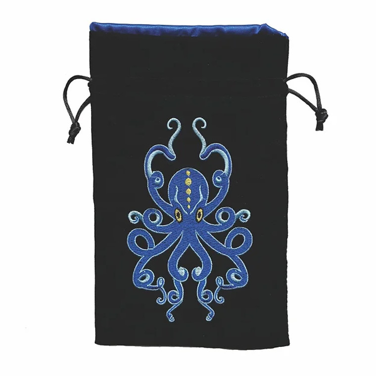 Black dice bag with an embroidered image of a blue kraken by Black Oak Workshop.