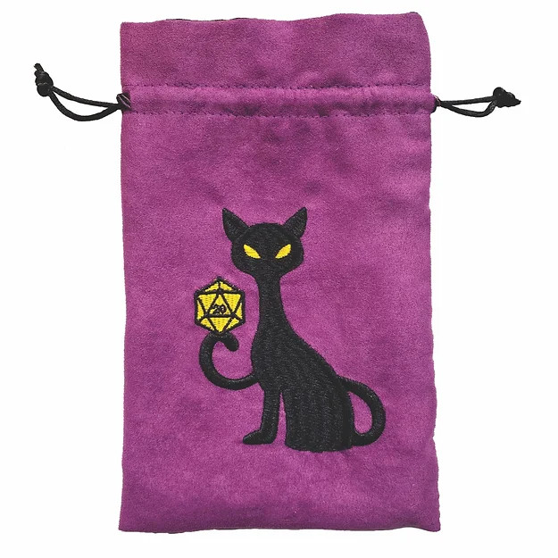 Purple dice bag with an embroidered image of a black cat holding a D20 by Black Oak Workshop.