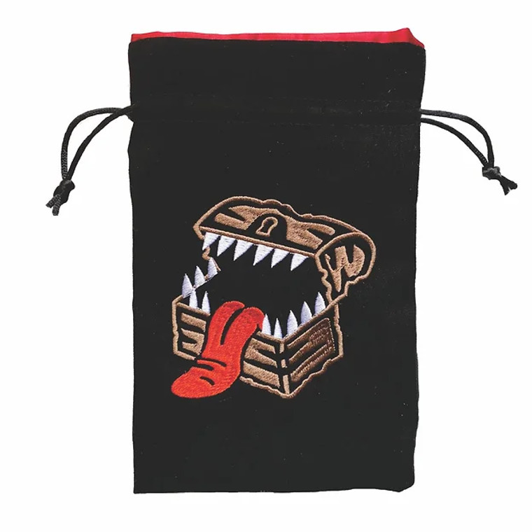 Black dice bag featuring an embroidered image of a mimic by Black Oak Workshop.
