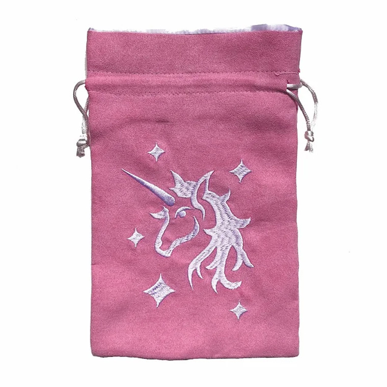 Pink dice bag featuring an embroidered image of a magical unicorn by Black Oak Workshop.
