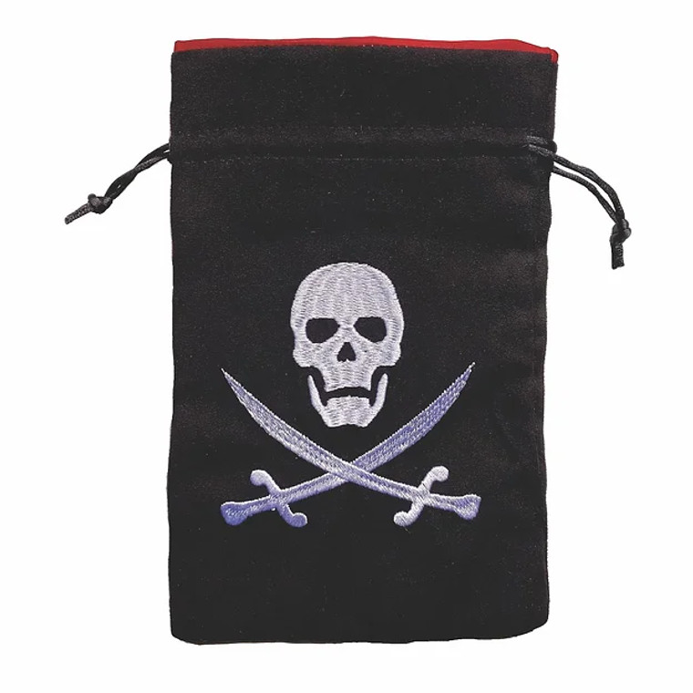 Black dice bag featuring an embroidered image of a skull and crossed swords by Black Oak Workshop