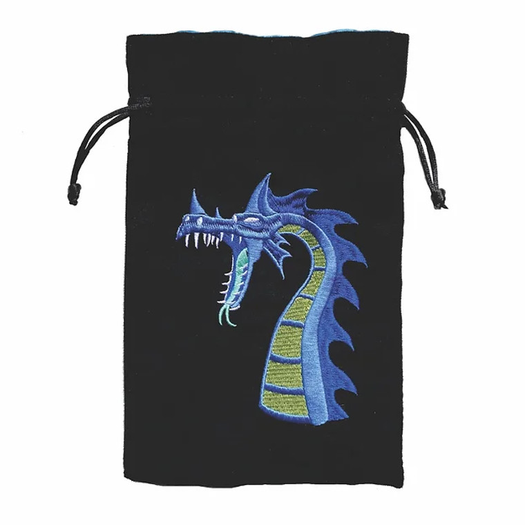 Black dice bag with an embroidered image of a blue dragon head by Black Oak Workshop.