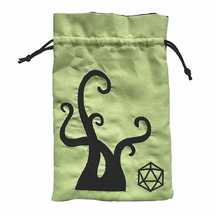 Green dice bag with an embroidered image of black tentacles and a silhouette of a D20 by Black Oak Workshop.