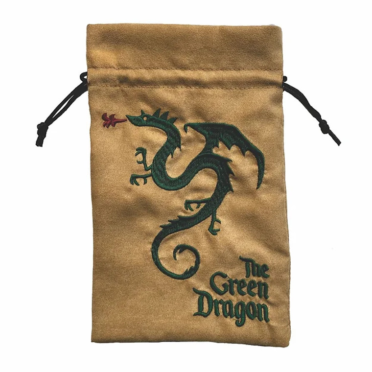 Gold dice bag with an embroidered image of a green dragon with accompanying text that says "The Green Dragon" by Black Oak Workshop.