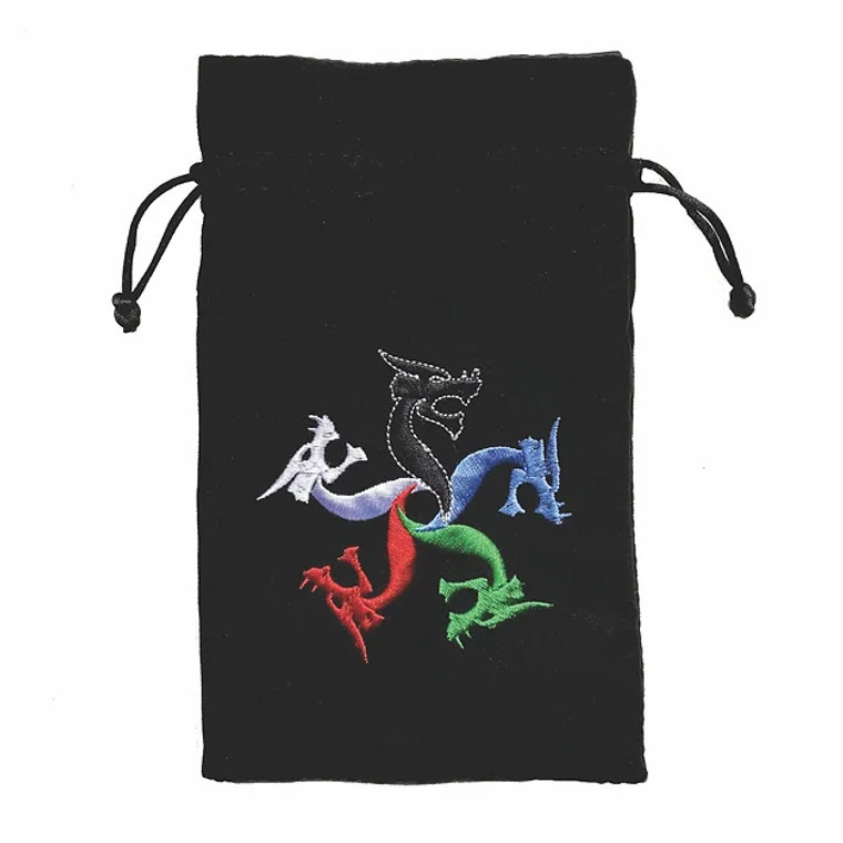 Black dice bag with an embroidered image of the five heads of Tiamat in a circle.