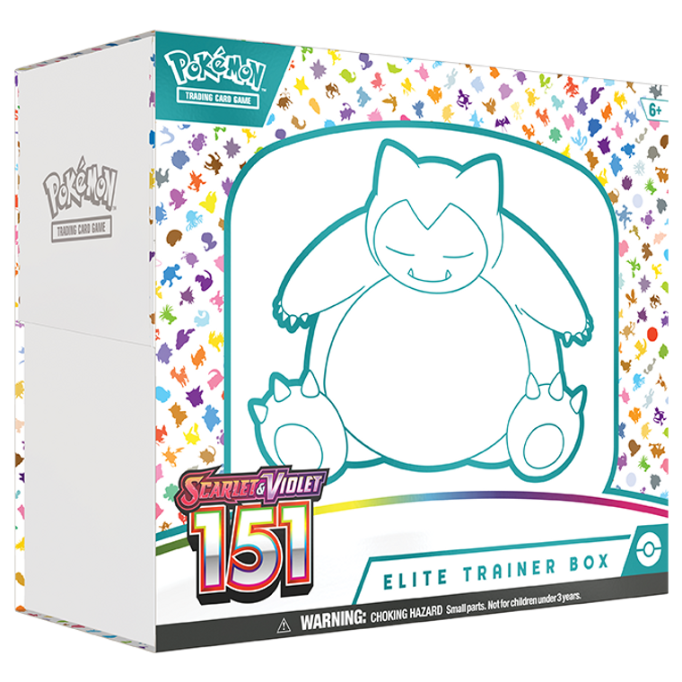 A rectangular box featuring art of a Snorlax in its iconic blue color. The border of the box features silhouettes of the original 151 Pokémon.