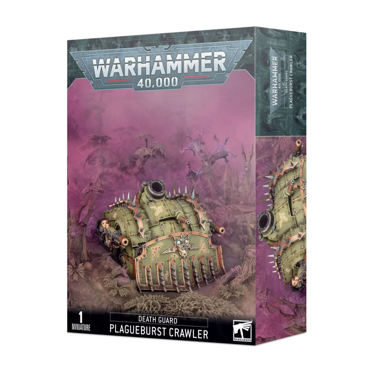 Warhammer 40,000 box featuring an image of a fully painted Plagueburst Crawler roaming on rocky terrain with a purple background.