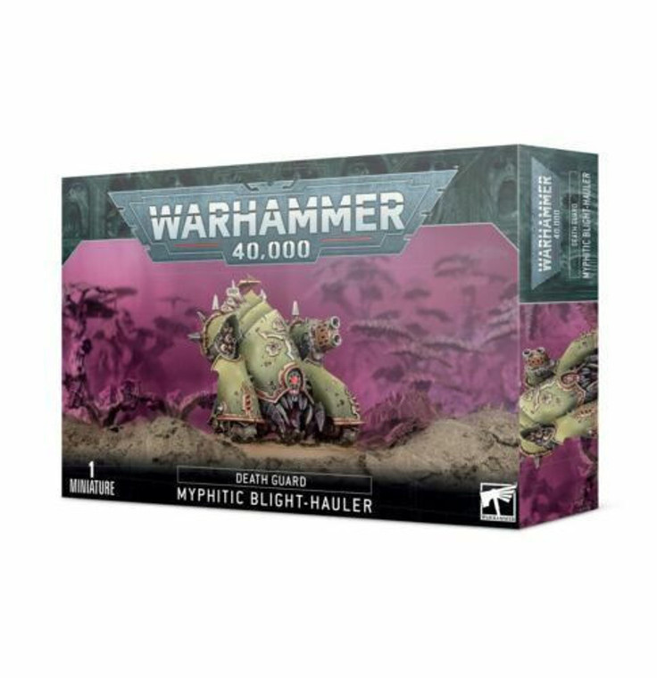 Warhammer 40,000 box featuring an image of a fully painted Myphitic Blight-Hauler moving through rocky terrain with a purple background.