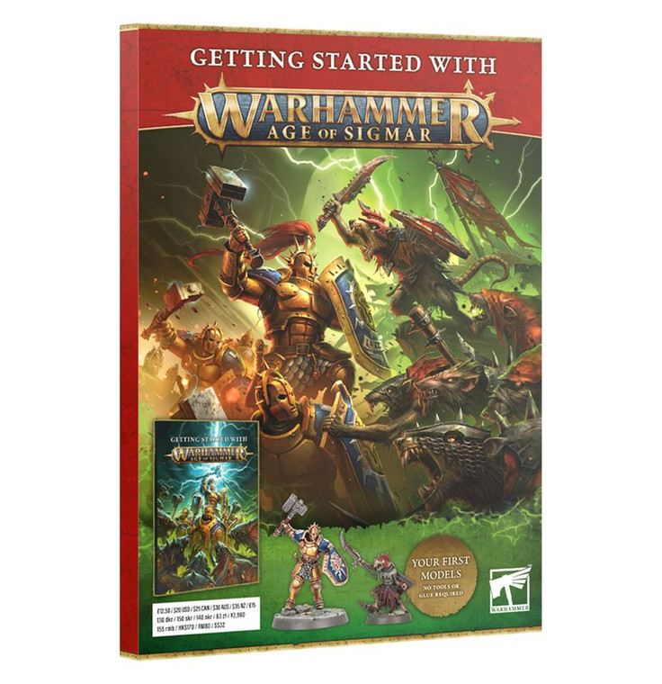 A Warhammer Age of Sigmar magazine featuring art of two factions fighting on the front lines with two fully painted miniatures in front of the magazine.